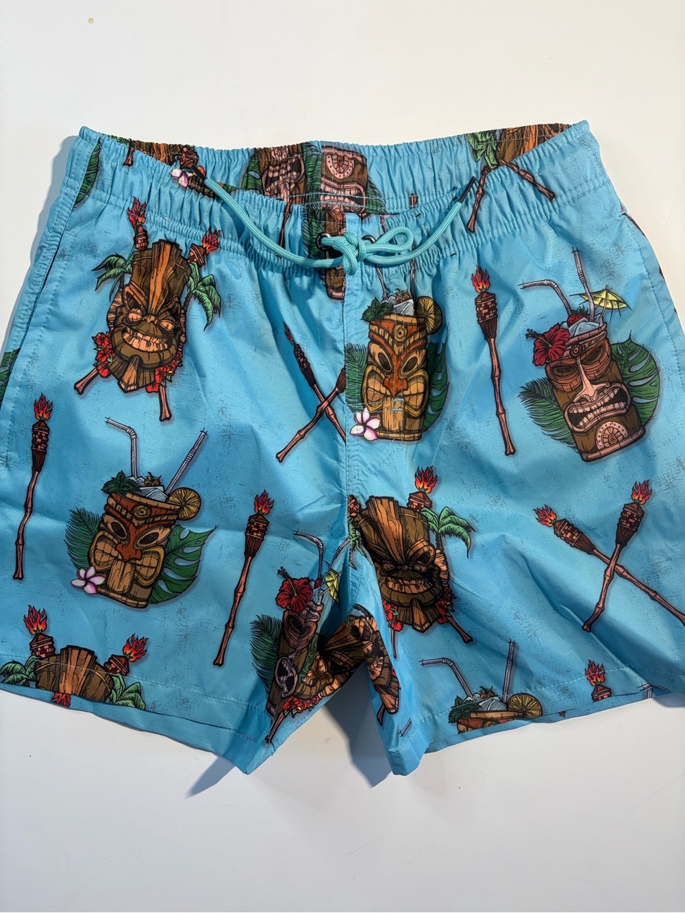 Men's Light Blue Tiki Print Swim Trunks